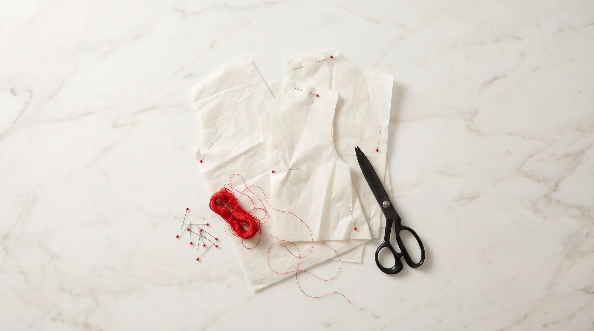 Cartamodelli in carta velina fermati da spilli dalla testa rossa, una matassa di filo rosso e forbici da sarto nere su una lastra di marmo chiaro venato