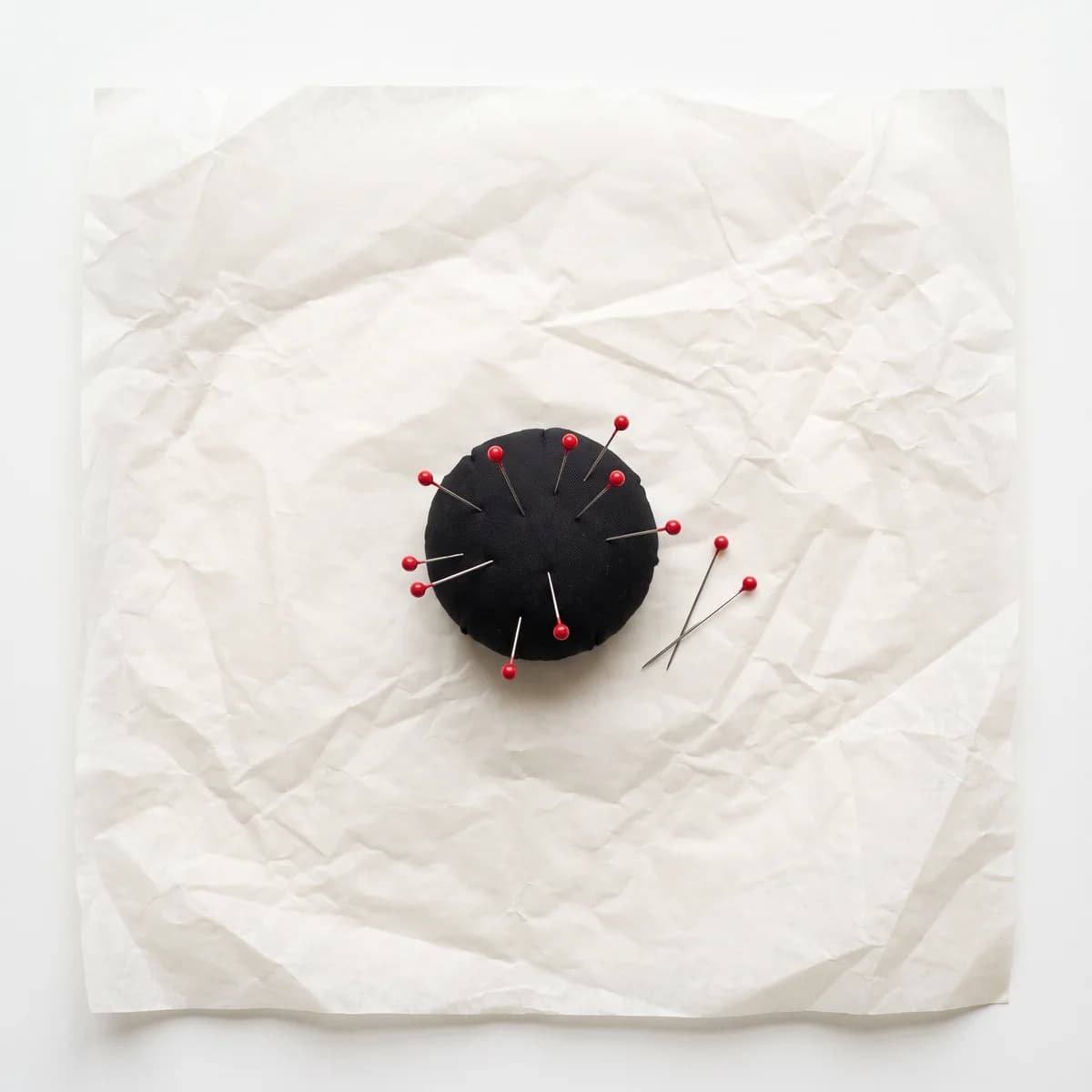 Un puntaspilli nero con spilli dalla testa rossa