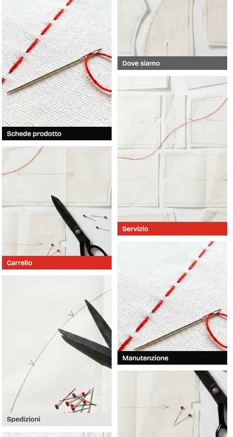 Schermata della bozza A, particolare: ritagli di cartamodelli, forbici e imbastiture, alcuni con l'etichetta di una pagina (Schede prodotto, Carrello, Servizio, Manutenzione)