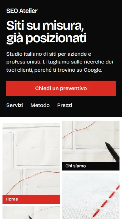 Schermata della bozza A sul telefono: il pannello nero con il titolo e il bottone rosso, poi due colonne di ritagli, alcuni con il nome di una pagina
