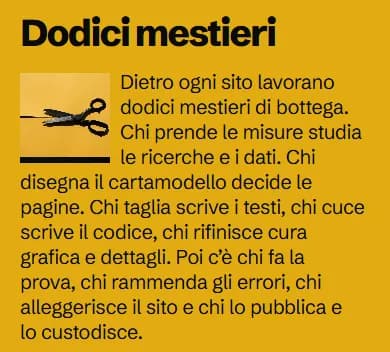 Schermata della bozza C, particolare: il titolo «Dodici mestieri» in Schibsted Grotesk 800 e il paragrafo in Schibsted Grotesk 400, con una piccola immagine di forbici, su fondo senape