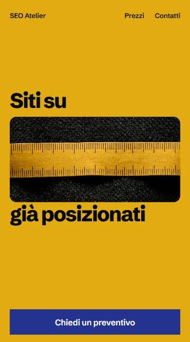 Schermata della bozza C sul telefono: il titolo con il metro da sarto in mezzo e il bottone blu a tutta larghezza