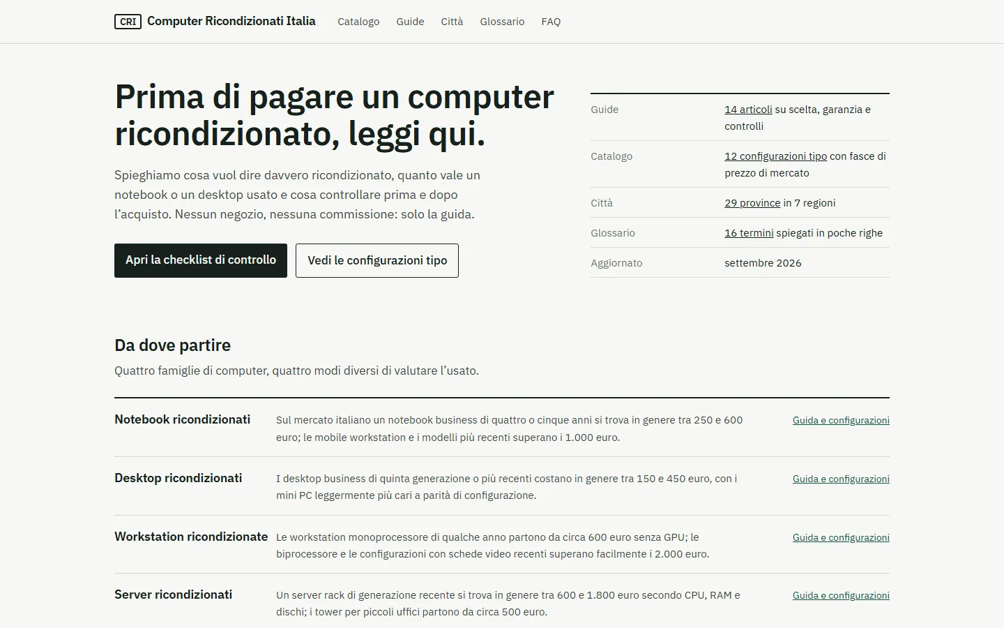 Screenshot della home di computer-ricondizionati.it su uno schermo largo
