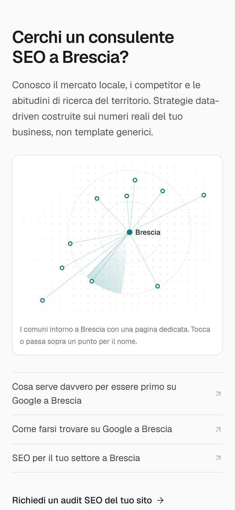 Screenshot della home di claudio-novaglio.com sul telefono, nella parte con la mappa dei comuni intorno a Brescia